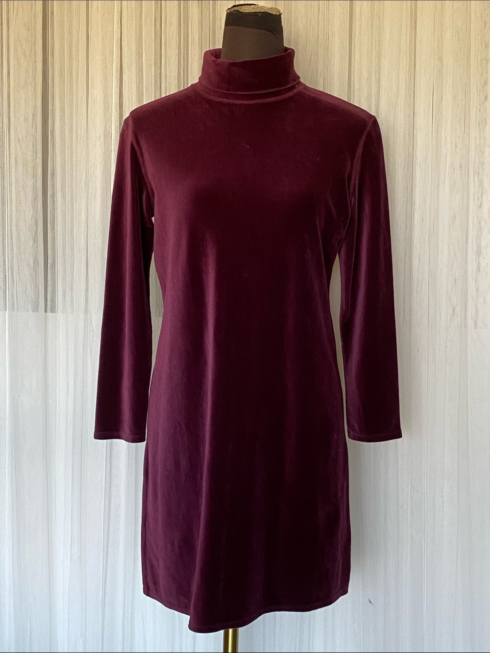 Y2K J. Jill Burgundy/Plum Velvet Turtleneck/Funnel Long-Sleeve Dress S Petite
